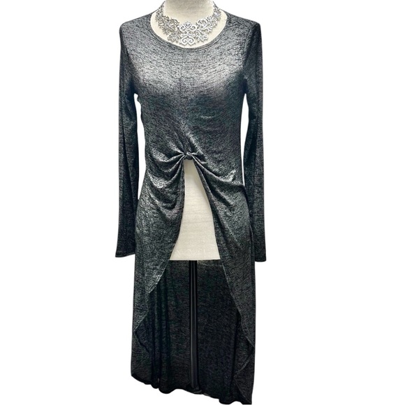 Black Bead Tops - HiLo Long Sleeve Knot Detail Grey Marled Top L